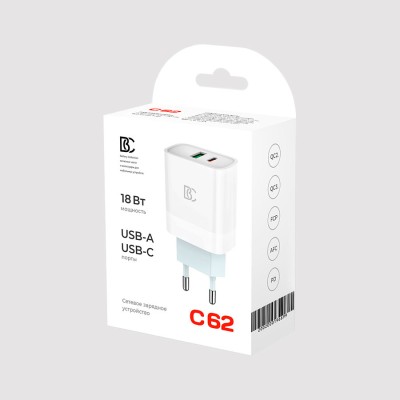 Сетевое зарядное устройство USB/Type-C BC C62 (18W, QC3.0, PD, 2 порта) Белый