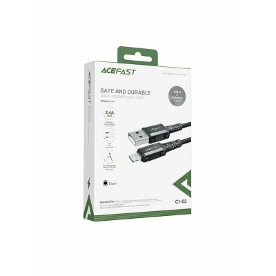 Кабель USB - Lightning Acefast C1-02 (2.4A, MFI, оплетка нейлон, 1,2 м) Черный