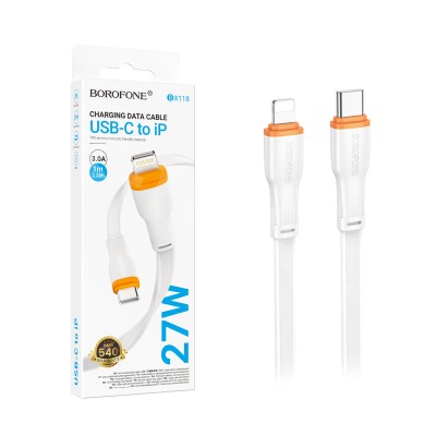 Кабель Type-C - Lightning Borofone BX118 (3A, 27W, PD, плоский) Белый