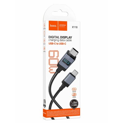Кабель Type-C - Type-C Hoco X118 (3A, 60W, PD, оплетка нейлон, с дисплеем) Черный