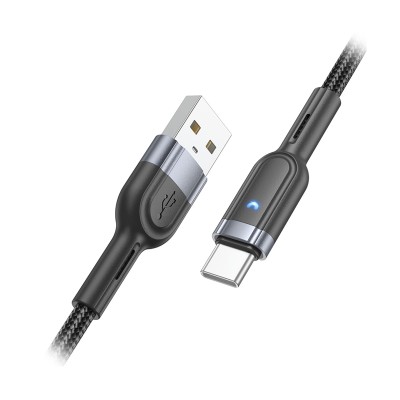 Кабель USB - Type-C Hoco U117 (3A, интеллектуальное отключение, индикатор, оплетка нейлон) Черный