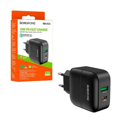 Сетевое зарядное устройство USB/Type-C Borofone BA46A (18W, QC3.0, PD, 2 порта) Черный