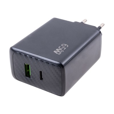 Сетевое зарядное устройство USB/Type-C GaN (65W, QC3.0, PD, 2 порта) Черный