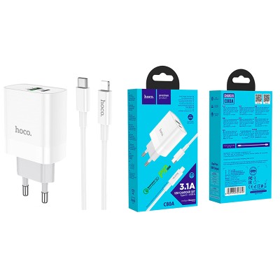 Сетевое зарядное устройство USB/Type-C Hoco C80A (20W, QC3.0, PD, 2 порта, кабель Type-C-Lightning) Белый
