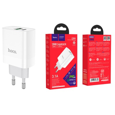 Сетевое зарядное устройство USB/Type-C Hoco C80A (20W, QC3.0, PD, 2 порта) Белый