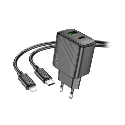 Сетевое зарядное устройство USB/Type-C Hoco CS23A (30W, QC3.0, PD, 2 порта, кабель Type-C-Lightning) Черный