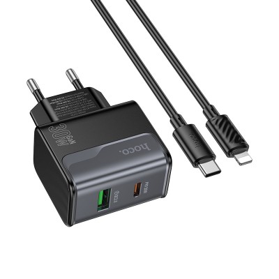 Сетевое зарядное устройство USB/Type-C Hoco CS73A (30W, QC3.0, PD, 2 порта, кабель Type-C-Lightning) Черный