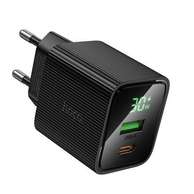 Сетевое зарядное устройство USB/Type-C Hoco CS84A (30W, QC3.0, PD, 2 порта, с дисплеем) Черный