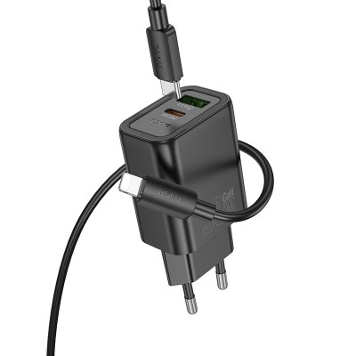 Сетевое зарядное устройство USB/Type-C Hoco N63 (30W, QC3.0, PD, 2 порта, GaN, кабель Type-C-Lightning) Черный