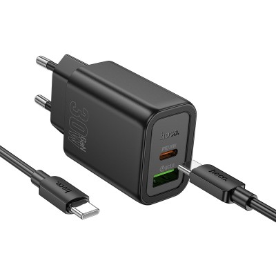 Сетевое зарядное устройство USB/Type-C Hoco N63 (30W, QC3.0, PD, кабель Type-C-Type-C, GaN) Черный