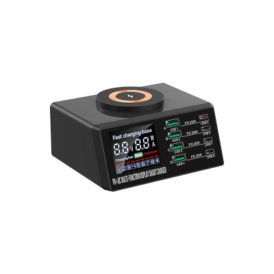 Зарядная станция (110W, 8 портов, 4USB-QC0.3/4Type-C-PD, Qi 15W, LCD)