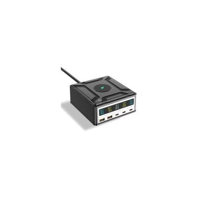 Зарядная станция GaN (260W, 5 портов, 2USB-QC3.0/3Type-C-PD3.1, Qi 15W, LCD)