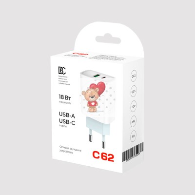 Сетевое зарядное устройство USB/Type-C BC C62 (18W, QC3.0, PD, 2 порта) Белый