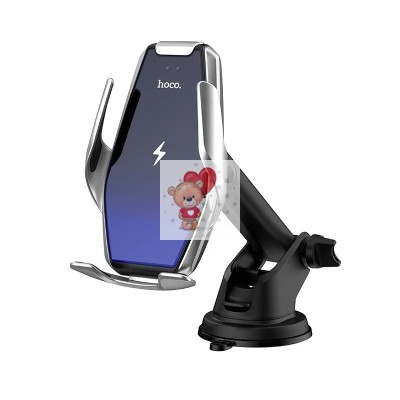 Авто держатель Hoco S14 (раздвижной, с беспроводной зарядкойна, приборную панель/дефлектор) Серебро