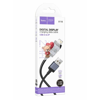 Кабель USB - Lightning Hoco X118 (2.4A, оплетка нейлон, с дисплеем) Черный