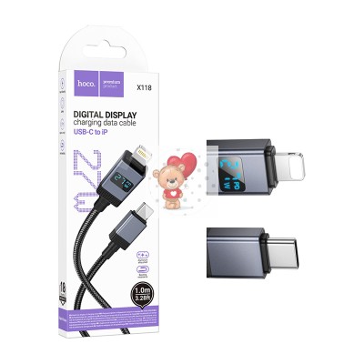 Кабель Type-C - Lightning Hoco X118 (3A, 27W, PD, оплетка нейлон, с дисплеем) Черный