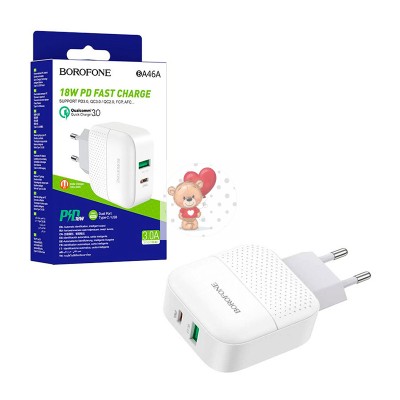 Сетевое зарядное устройство USB/Type-C Borofone BA46A (18W, QC3.0, PD, 2 порта) Белый