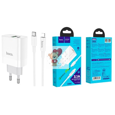 Сетевое зарядное устройство USB/Type-C Hoco C80A (20W, QC3.0, PD, 2 порта, кабель Type-C-Lightning) Белый