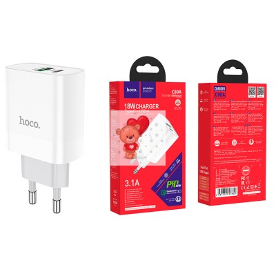 Сетевое зарядное устройство USB/Type-C Hoco C80A (20W, QC3.0, PD, 2 порта) Белый