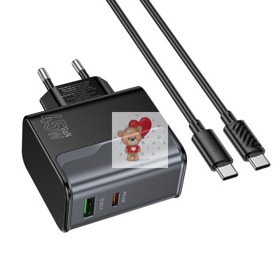 Сетевое зарядное устройство USB/Type-C Hoco CS74A (45W, QC3.0, PD, 2 порта, кабель Type-C-Type-C) Черный