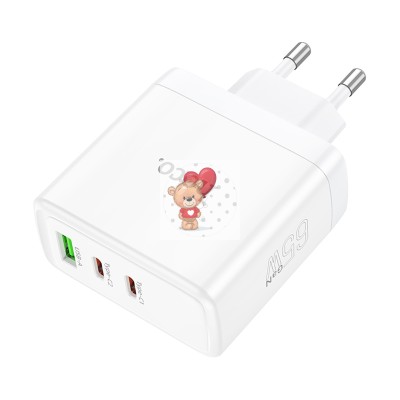 Сетевое зарядное устройство USB/Type-C Hoco N30 (65W, QС3.0, PD, 3 порта, GaN) Белый