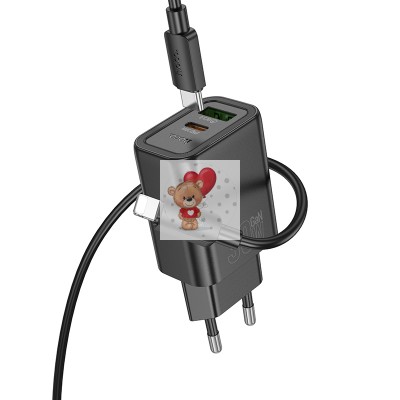 Сетевое зарядное устройство USB/Type-C Hoco N63 (30W, QC3.0, PD, 2 порта, GaN, кабель Type-C-Lightning) Черный
