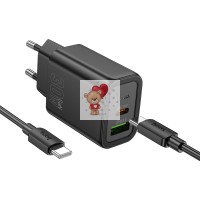 Сетевое зарядное устройство USB/Type-C Hoco N63 (30W, QC3.0, PD, кабель Type-C-Type-C, GaN) Черный